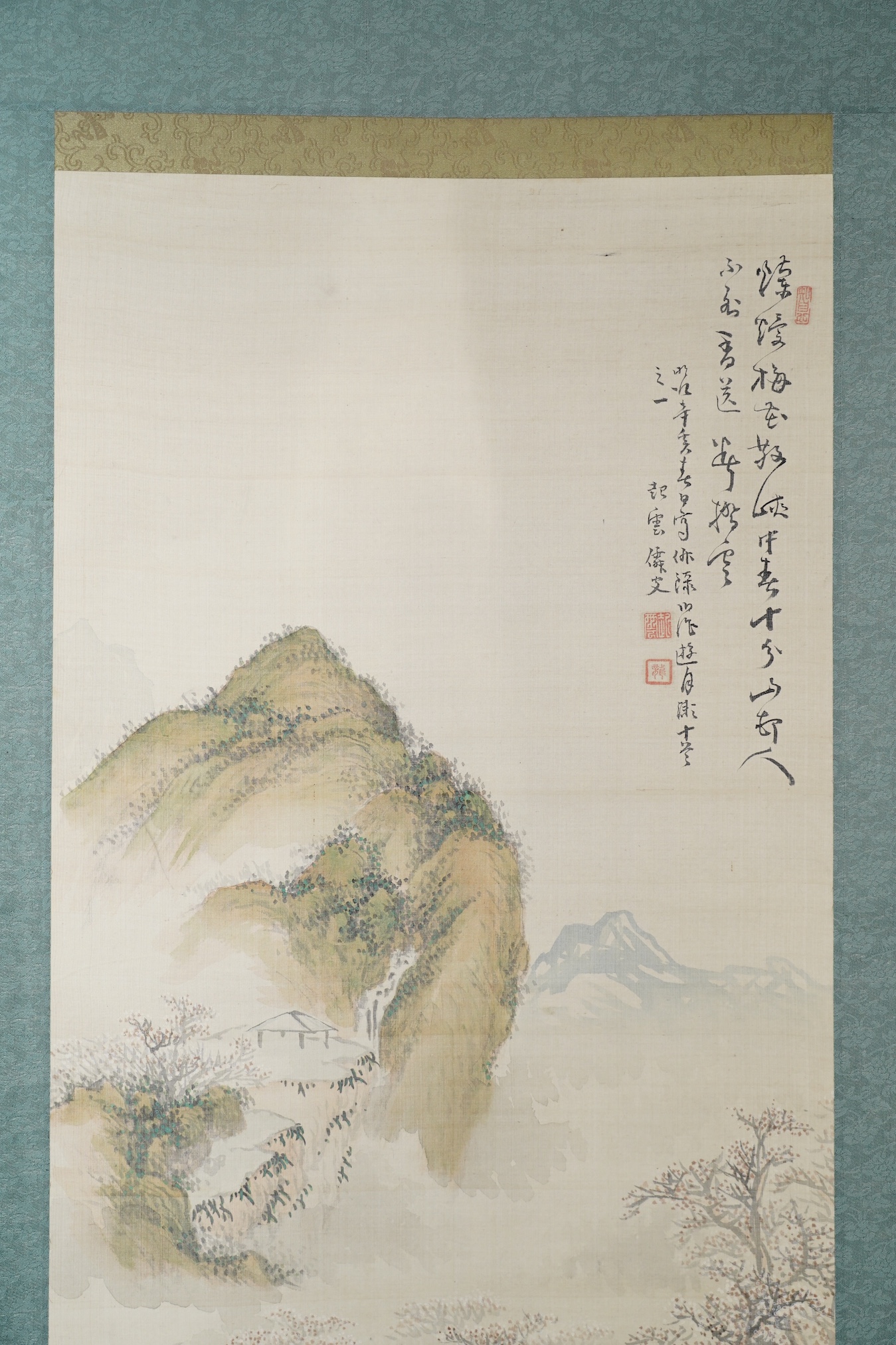 Five Japanese scroll paintings, 19th and 20th century, including two landscapes, birds, a flower study and a calligraphic inscription. Condition - ranging from poor to good